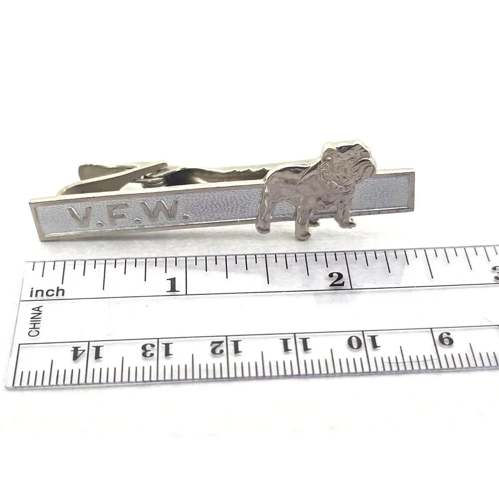 Vintage V.F.W. Bulldog Tie Clip Bar Silver Tone Metal Veteran United States